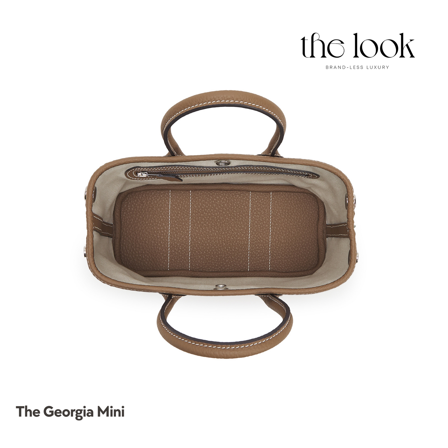 Top view of The Georgia Mini Tote in Etoupe Pebbled Calfskin Leather with spacious interior