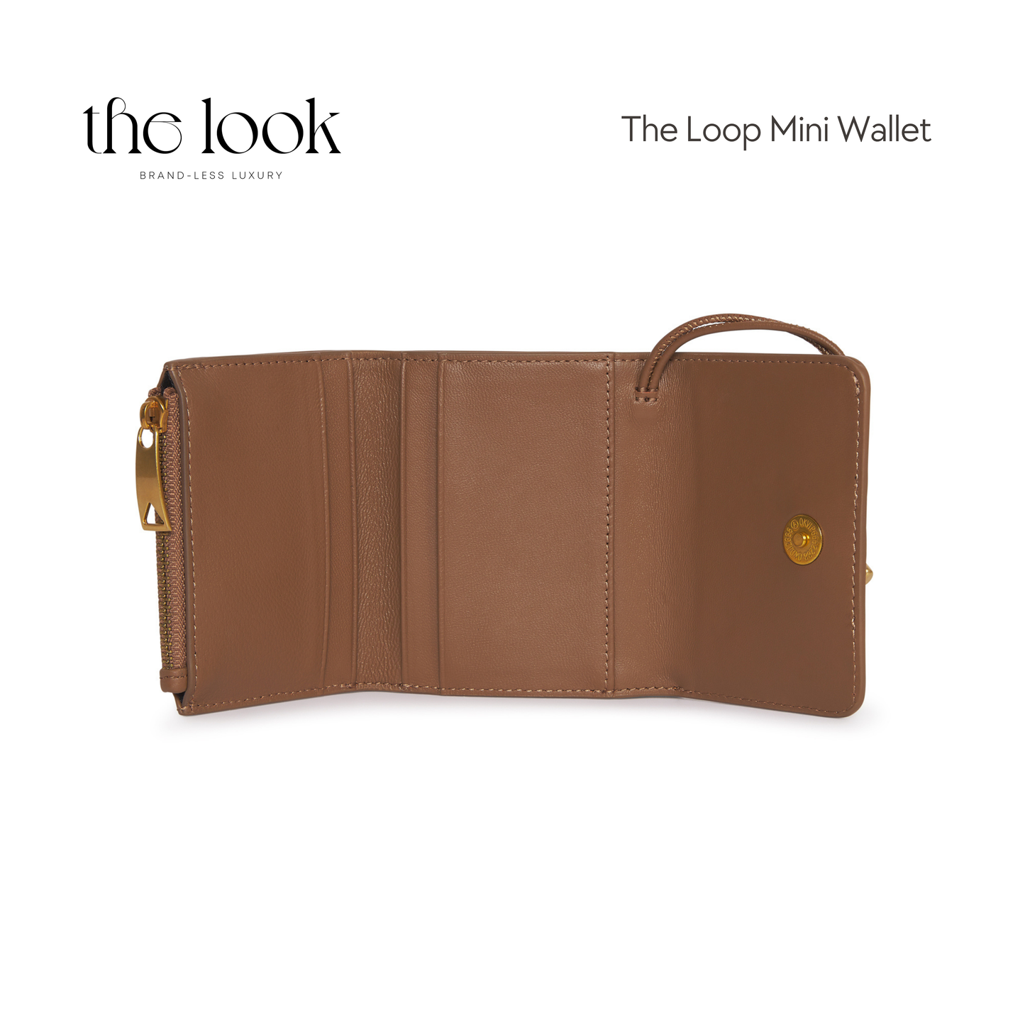 Open interior of the Praline Loop Mini Wallet showcasing card slots, bill compartment, and snap closure.