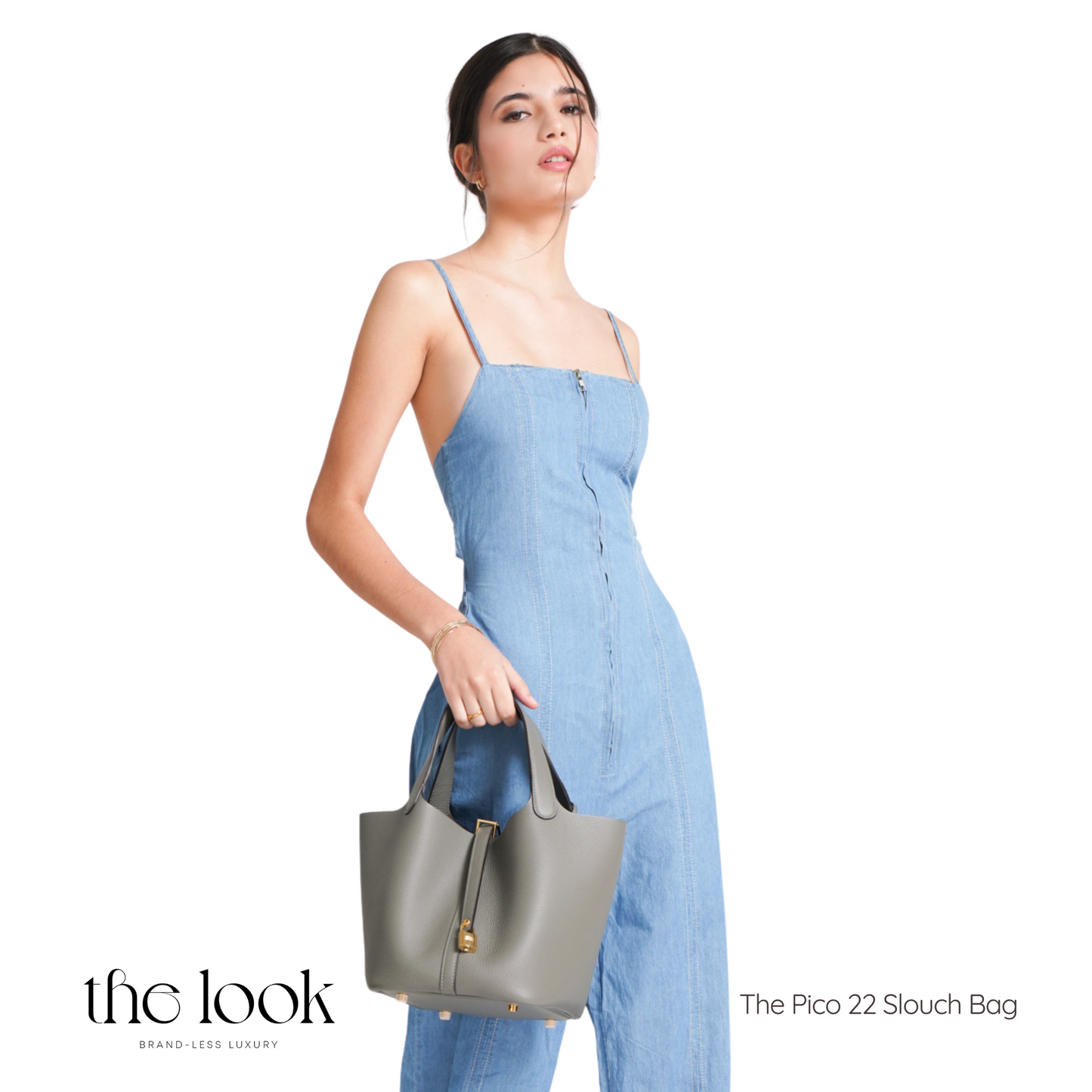 The Portia 22 Graphite Medium Bucket Bag- Soft Calfskin Leather | Gold Hardware ( Elité Edition)