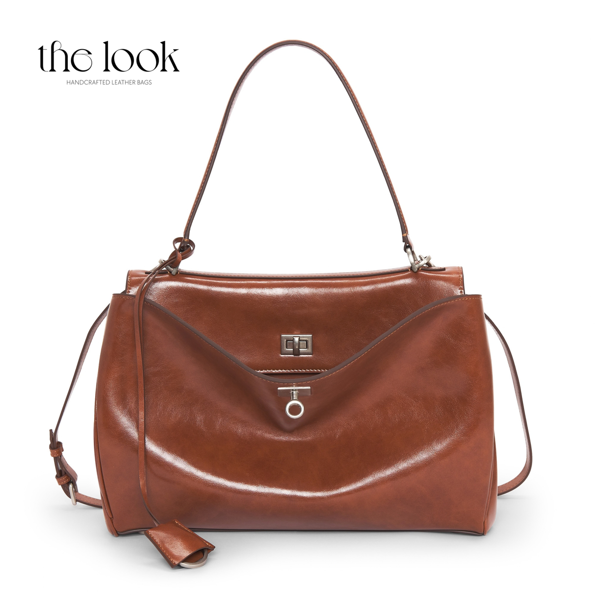 Valen Large Satchel in Caramel, front view with top handle, shoulder strap and silver-tone hardware | The Look Officiel
