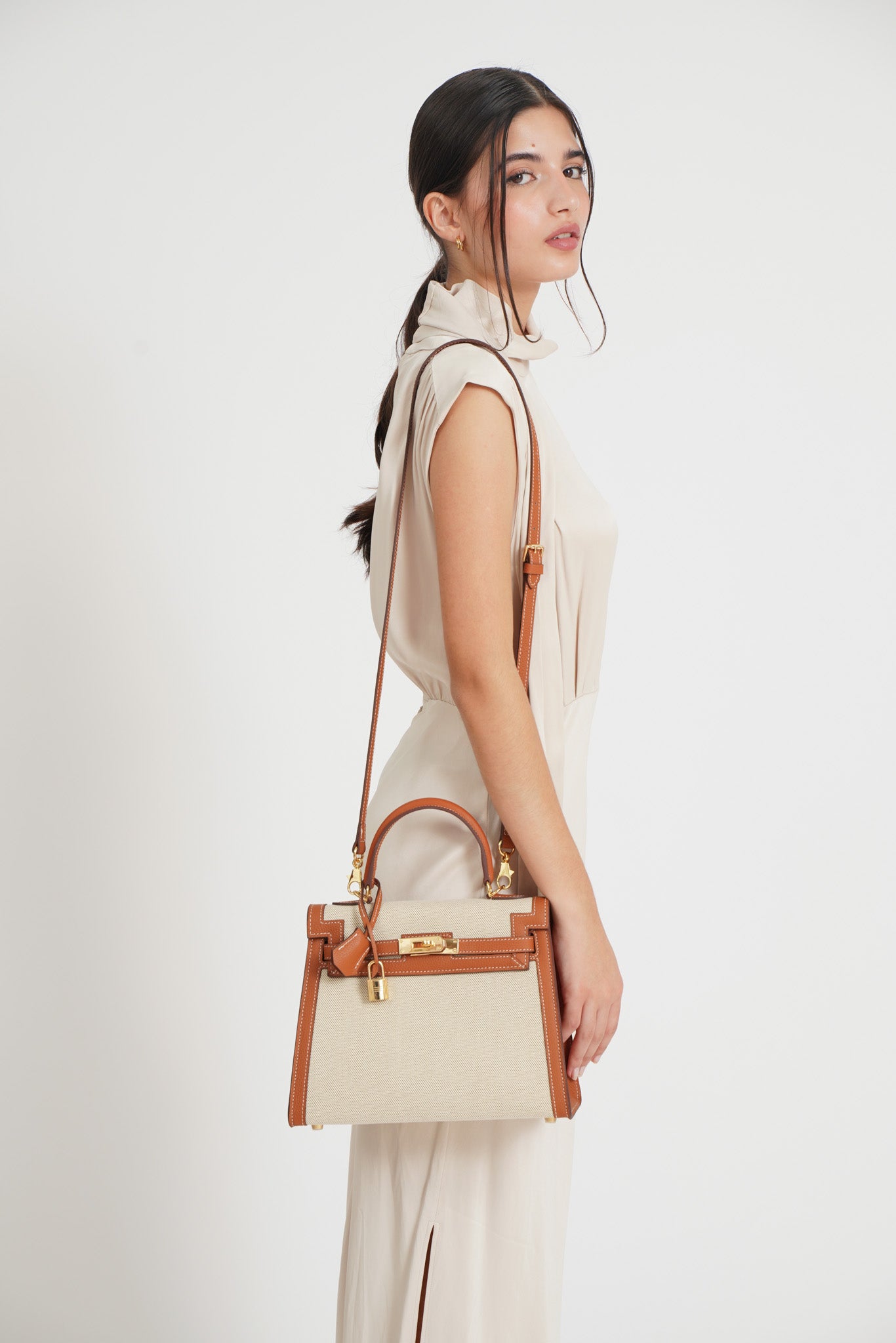 The Grace 28 Satchel in Pebbled Leather & Canvas Dual Tone GHW by The Look