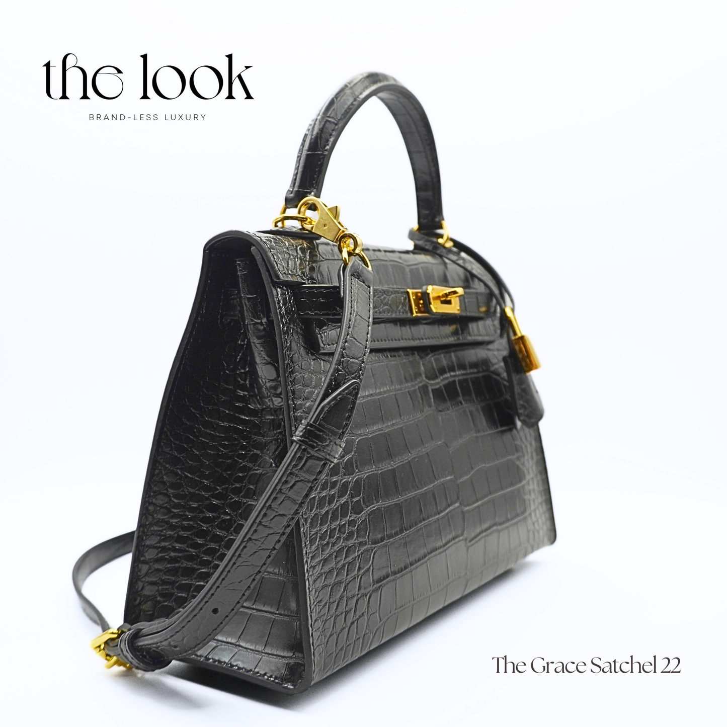 The Grace 22 Satchel Croc Embossed Leather in Noir GHW by The Look