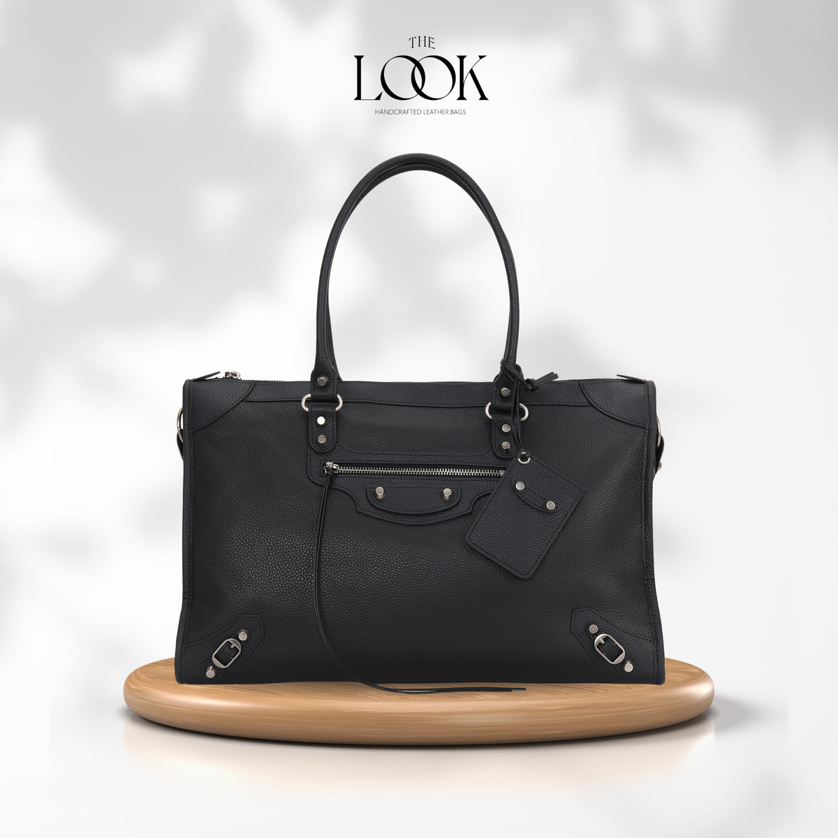 Black Biker Extra Tote in pebbled calfskin leather with silver-toned hardware, front view