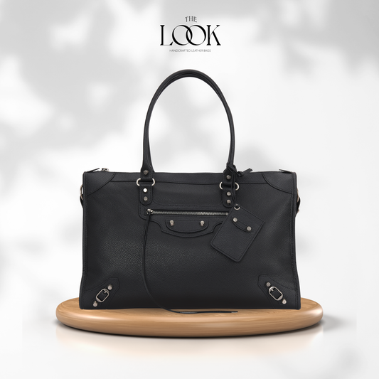 Black Biker Extra Tote in pebbled calfskin leather with silver-toned hardware, front view