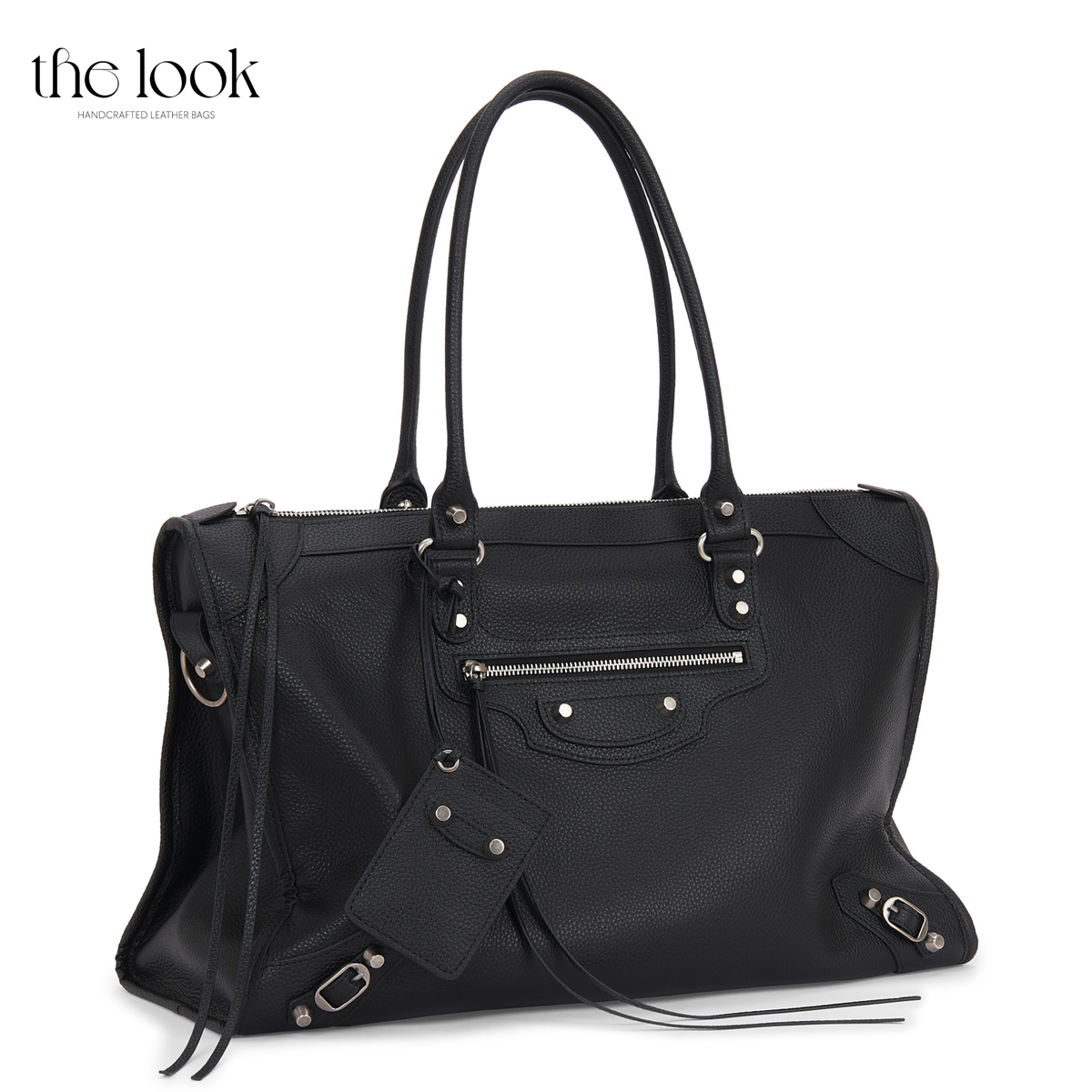Black Biker Extra Tote in pebbled calfskin leather shown at an angled side view