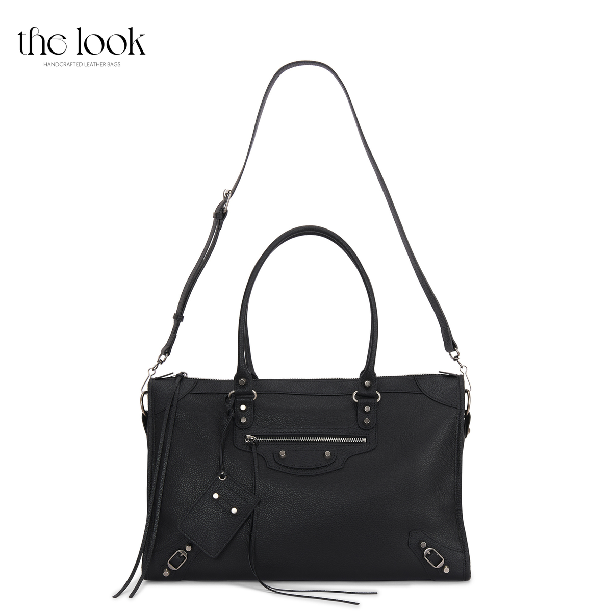 Black Biker Extra Tote with removable adjustable shoulder strap attached