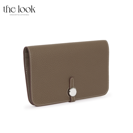 Cleo Large Wallet in Etoupe top-grain pebbled calfskin leather with stainless steel silver hardware, front view