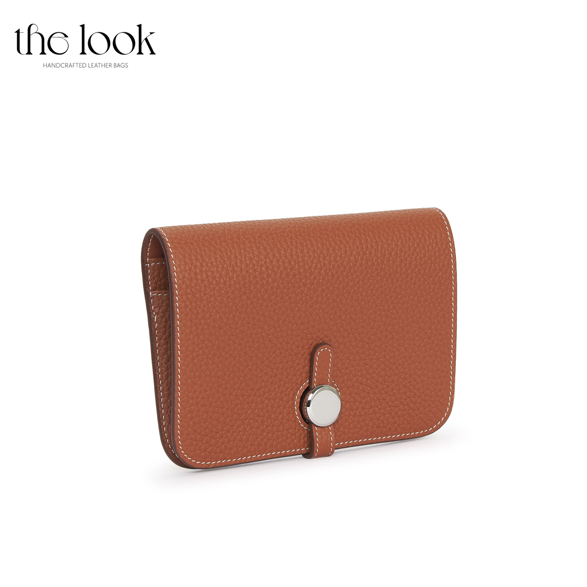 Cleo Small Wallet in Gold Tan top-grain pebbled calfskin leather with stainless steel silver hardware, front view