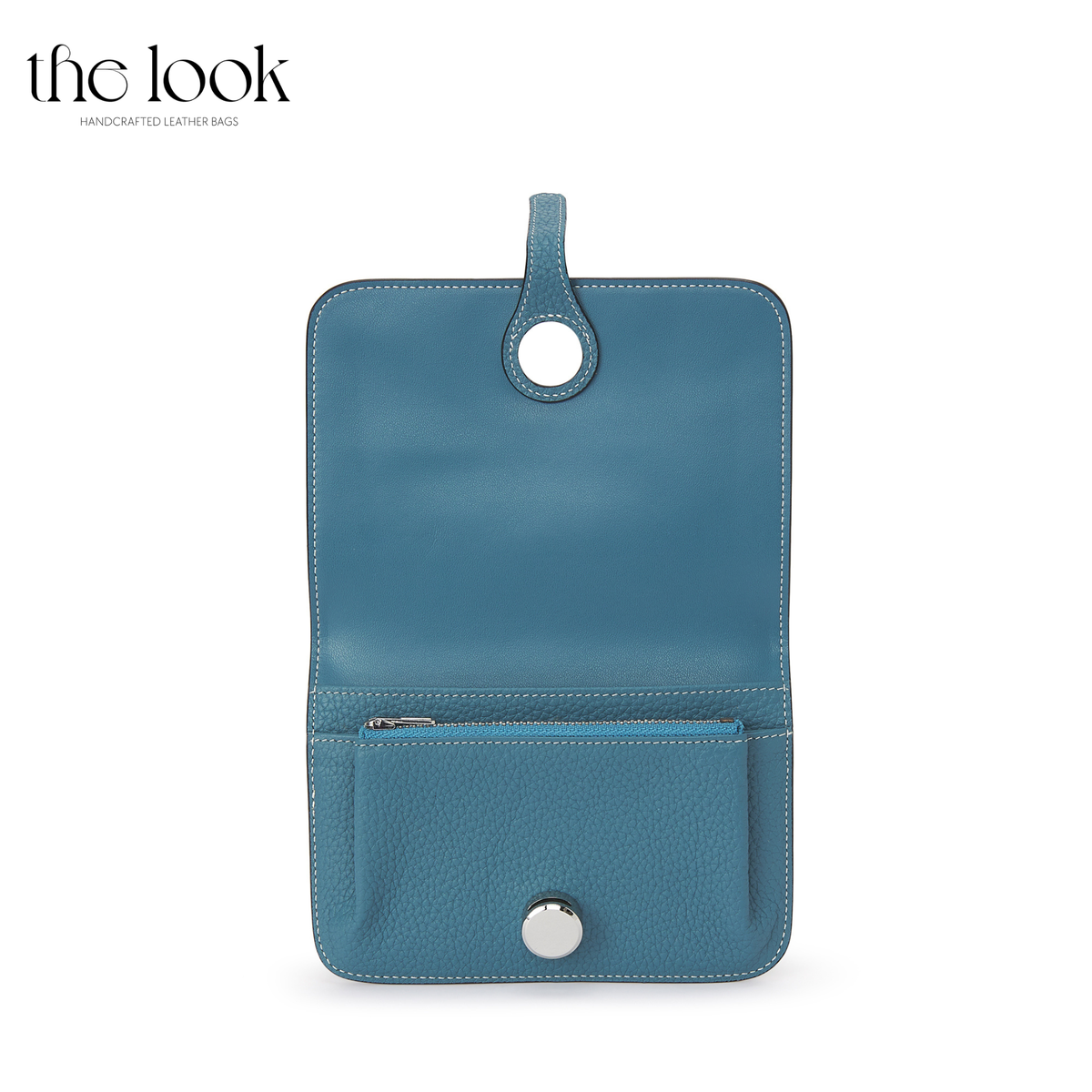 Cleo Small Wallet in Denim Blue top-grain pebbled calfskin leather with stainless steel silver hardware, opened to show card, slip and zipped coin compartments