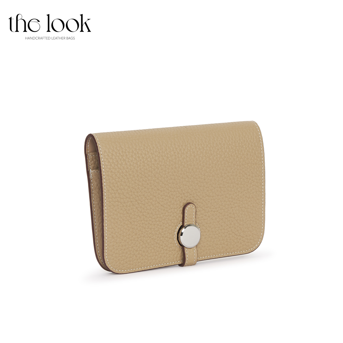 Cleo Small Wallet in Biscuit top-grain pebbled calfskin leather with stainless steel silver hardware, front view
