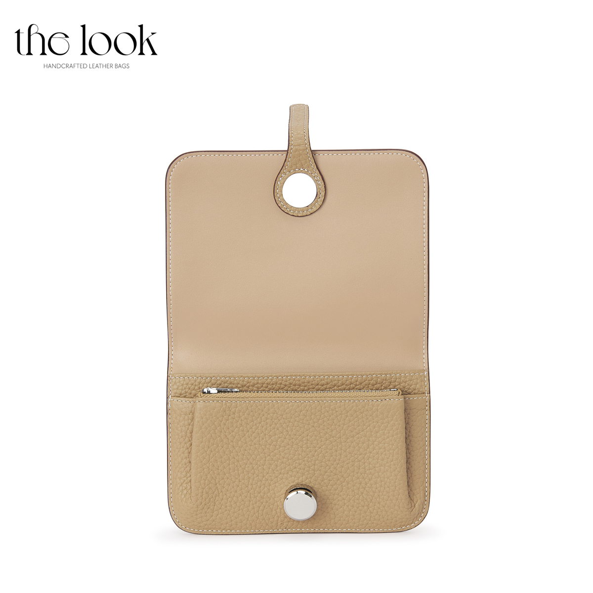 Cleo Small Wallet in Biscuit top-grain pebbled calfskin leather with stainless steel silver hardware, opened to show card, slip and zipped coin compartments