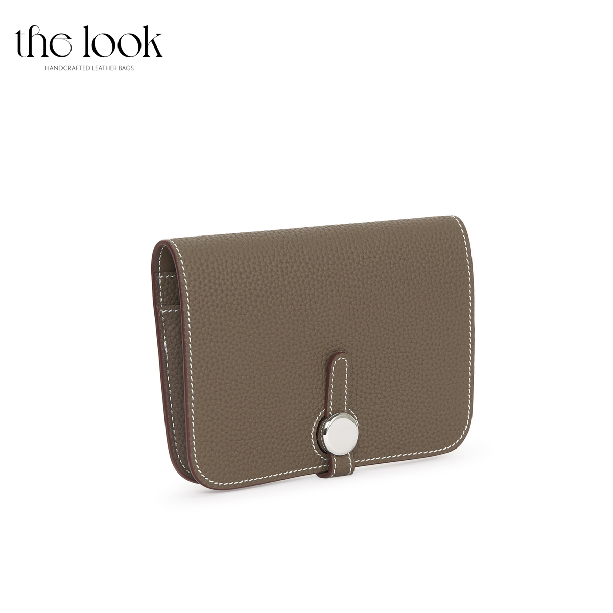 Cleo Small Wallet in Etoupe top-grain pebbled calfskin leather with stainless steel silver hardware, front view
