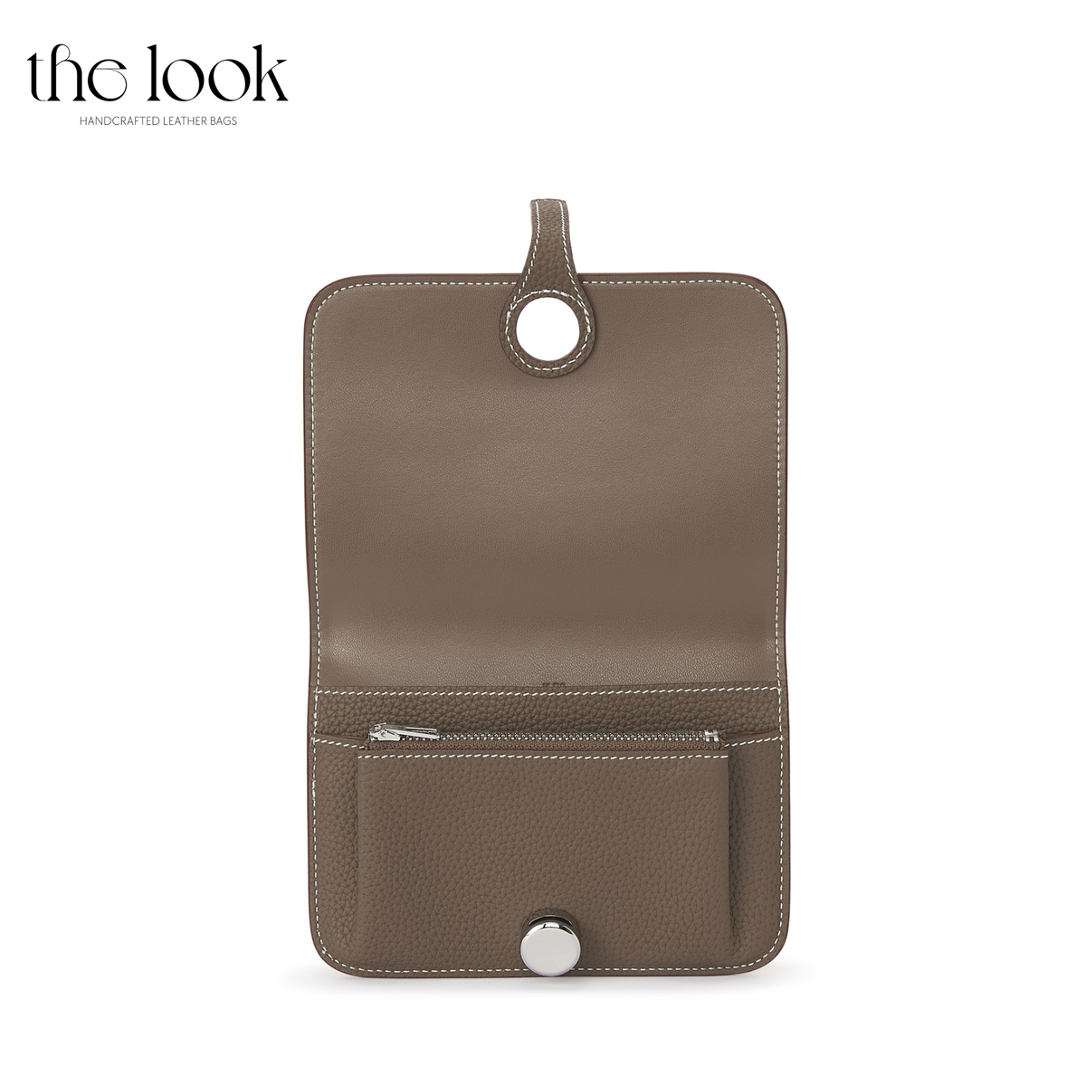 Cleo Small Wallet in Etoupe top-grain pebbled calfskin leather with stainless steel silver hardware, opened to show card, slip and zipped coin compartments