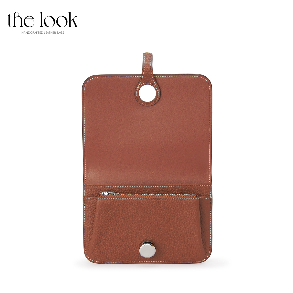 Cleo Small Wallet in Gold Tan top-grain pebbled calfskin leather with stainless steel silver hardware, opened to show card, slip and zipped coin compartments