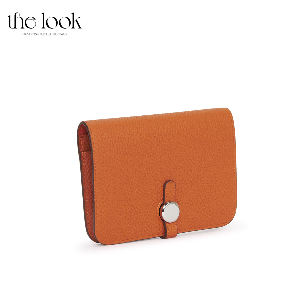 Cleo Small Wallet in Tangerine top-grain pebbled calfskin leather with stainless steel silver hardware, front view