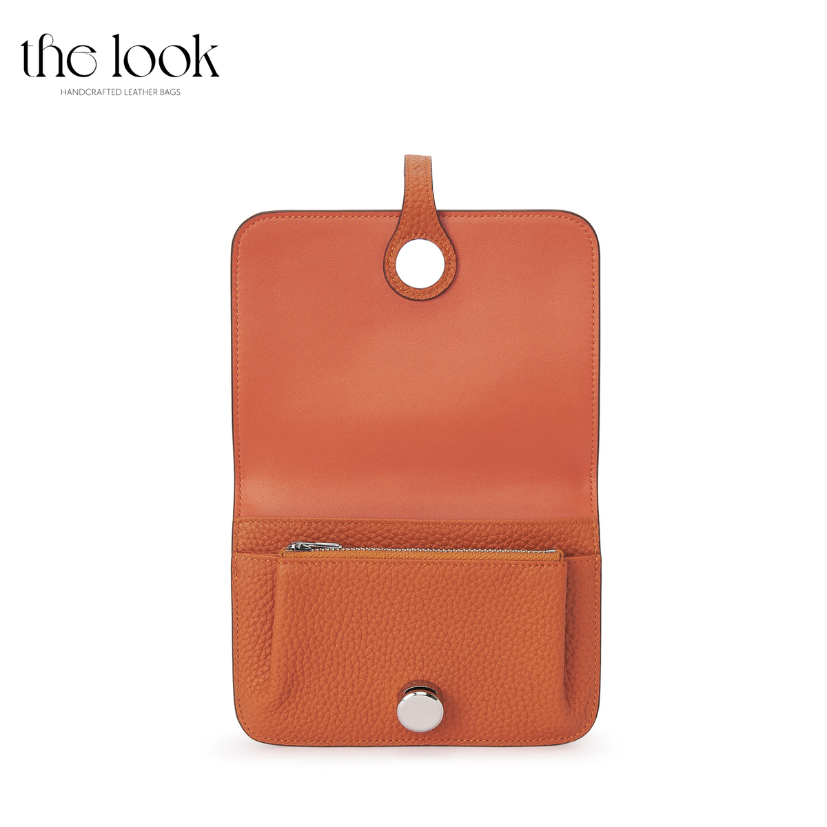 Cleo Small Wallet in Tangerine top-grain pebbled calfskin leather with stainless steel silver hardware, opened to show card, slip and zipped coin compartments