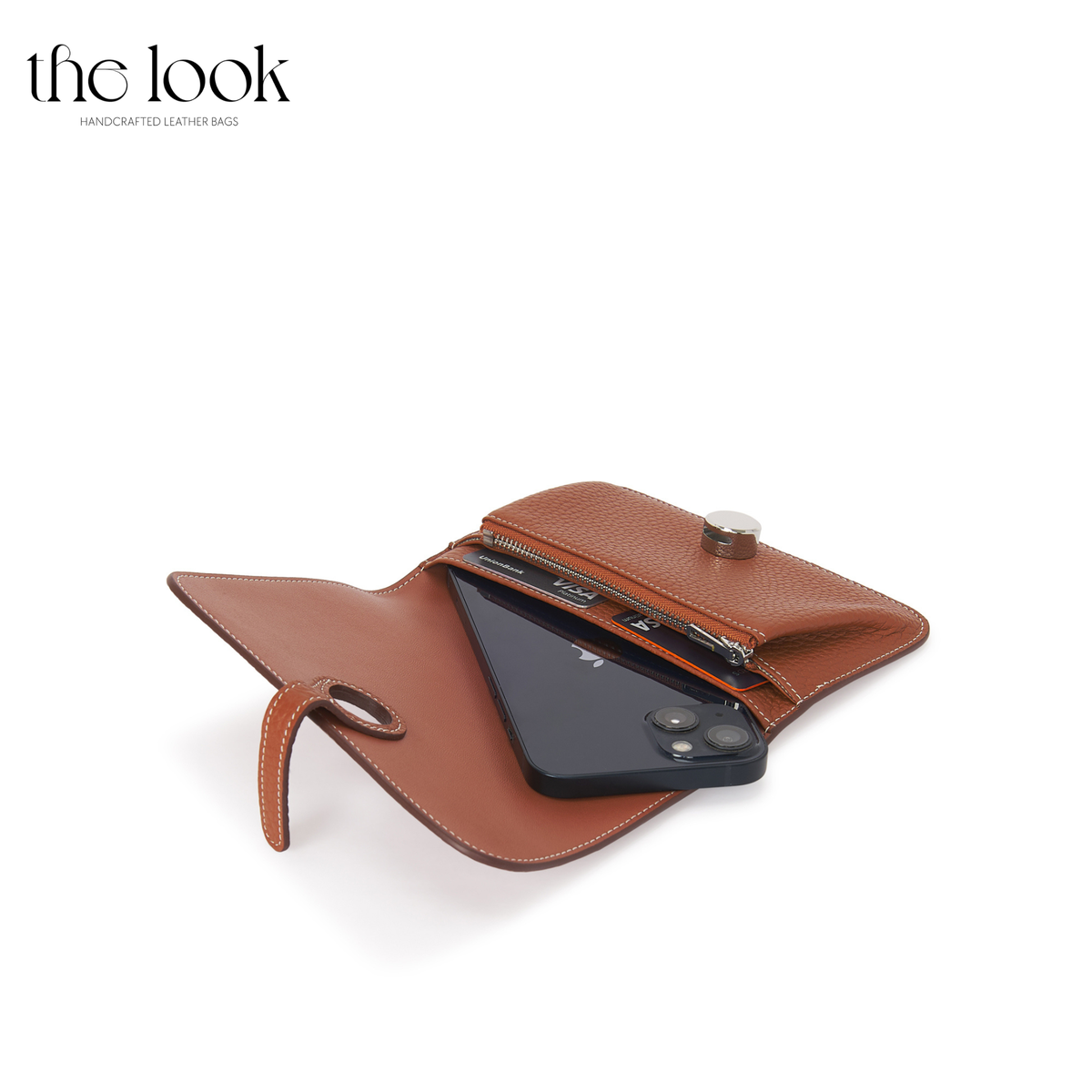 Cleo Small Wallet in Gold Tan top-grain pebbled calfskin leather with stainless steel silver hardware, opened with cards and phone shown inside