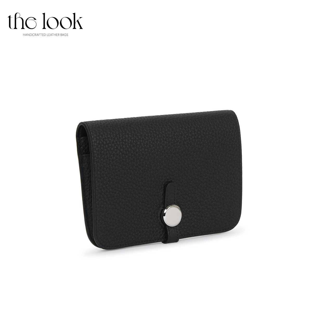 Cleo Small Wallet in Black top-grain pebbled calfskin leather with stainless steel silver hardware, front view