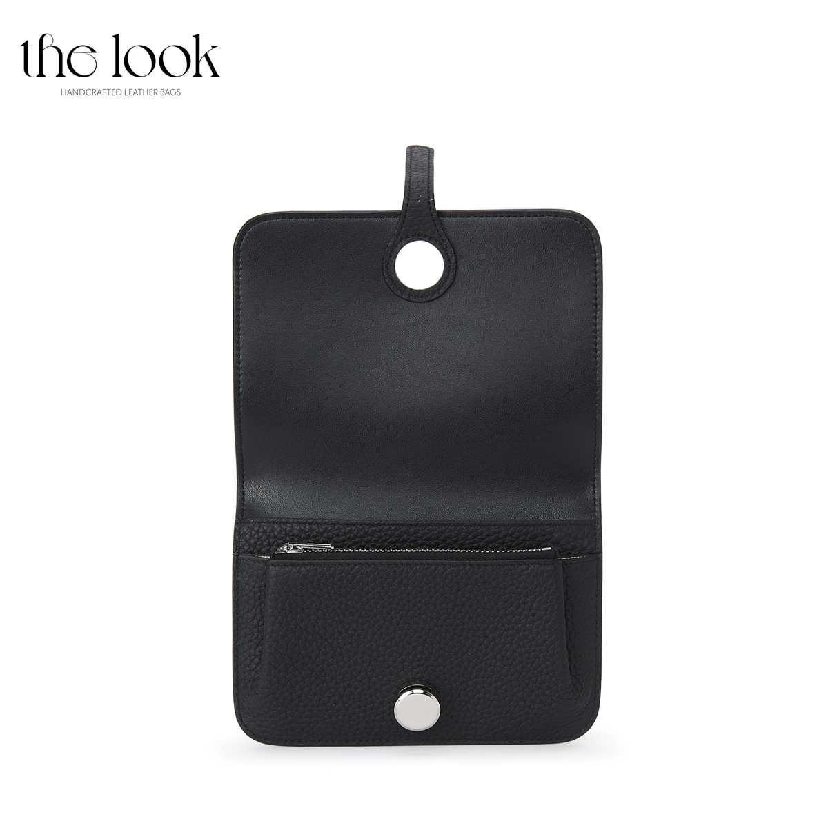 Cleo Small Wallet in Black top-grain pebbled calfskin leather with stainless steel silver hardware, opened to show card, slip and zipped coin compartments