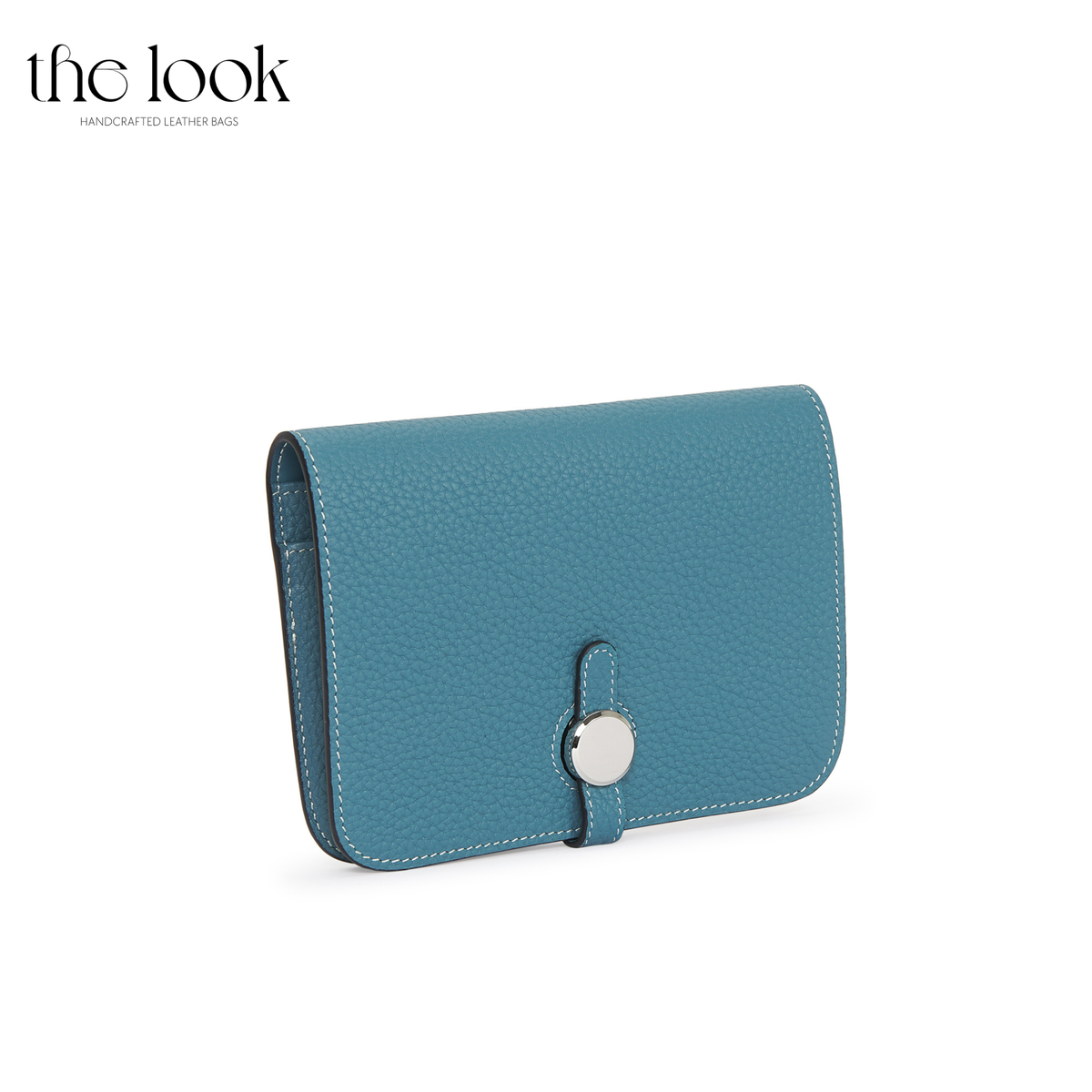Cleo Small Wallet in Denim Blue top-grain pebbled calfskin leather with stainless steel silver hardware, front view
