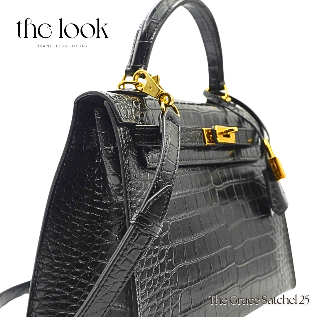 The Grace 25 Satchel Epsom Leather in Croc Noir GHW by The Look