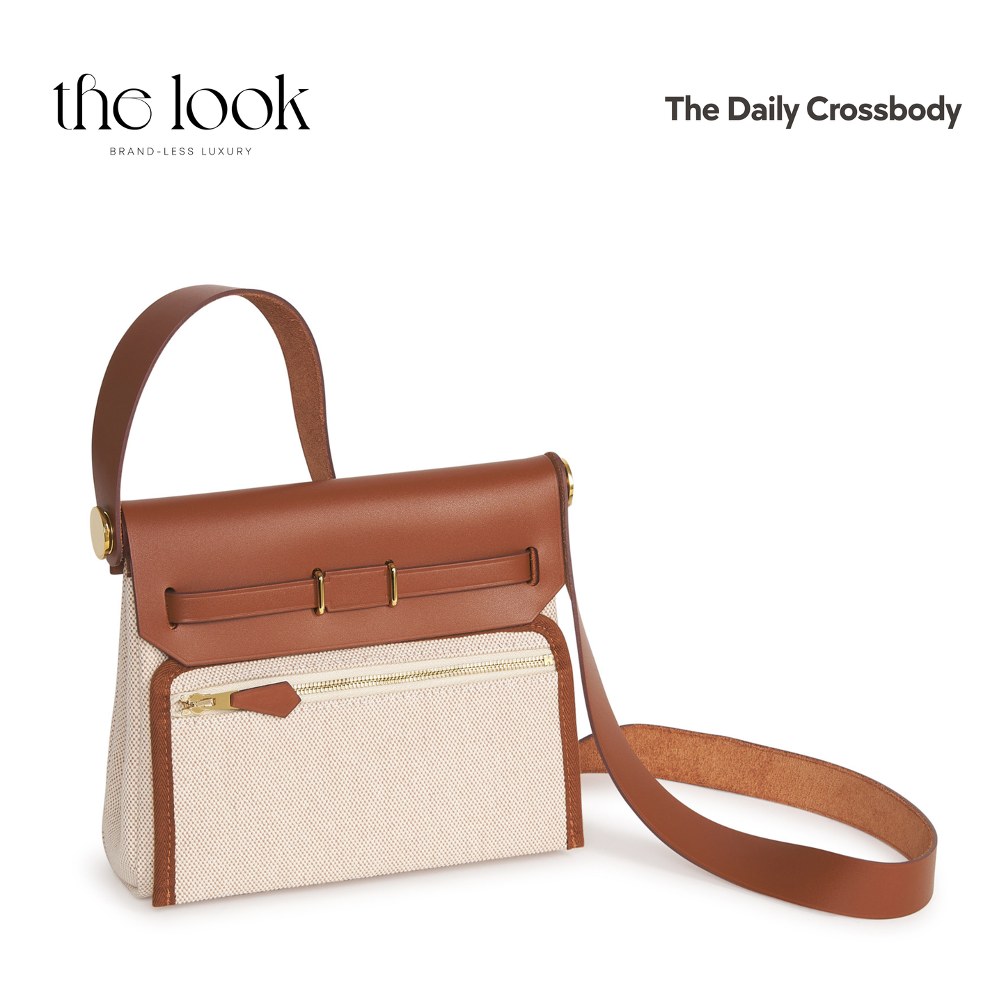 Brown and beige crossbody bag on a white background with 'the look'  | The Look Officielbranding.