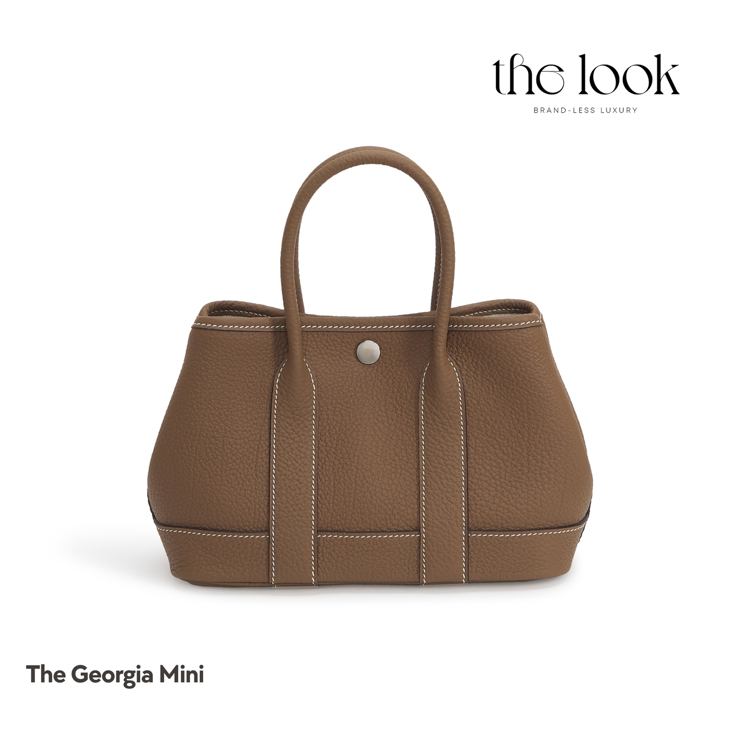 Brown handbag labeled 'The Georgia Mini' on a white background with 'the look' branding. | The Look Officiel