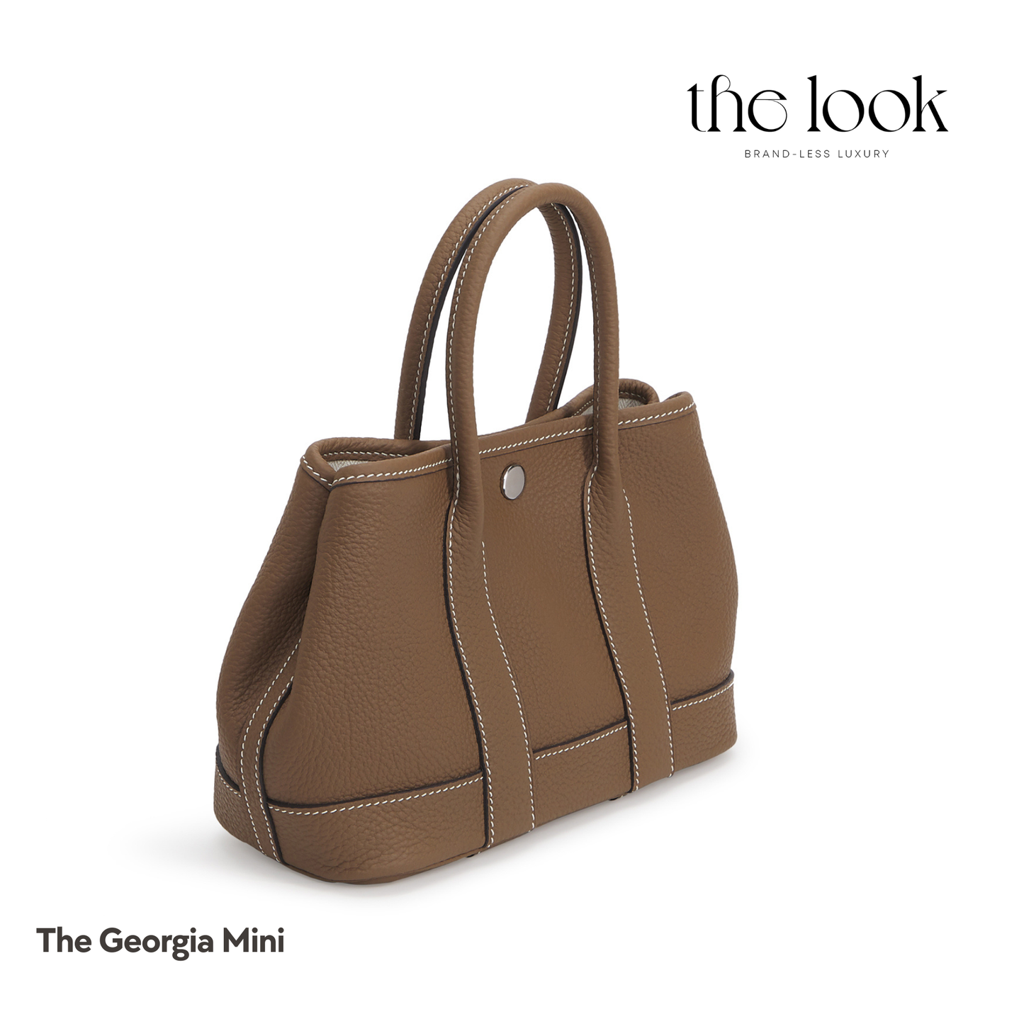Brown handbag labeled 'The Georgia Mini' on a white background with 'the look' branding. | The Look Officiel