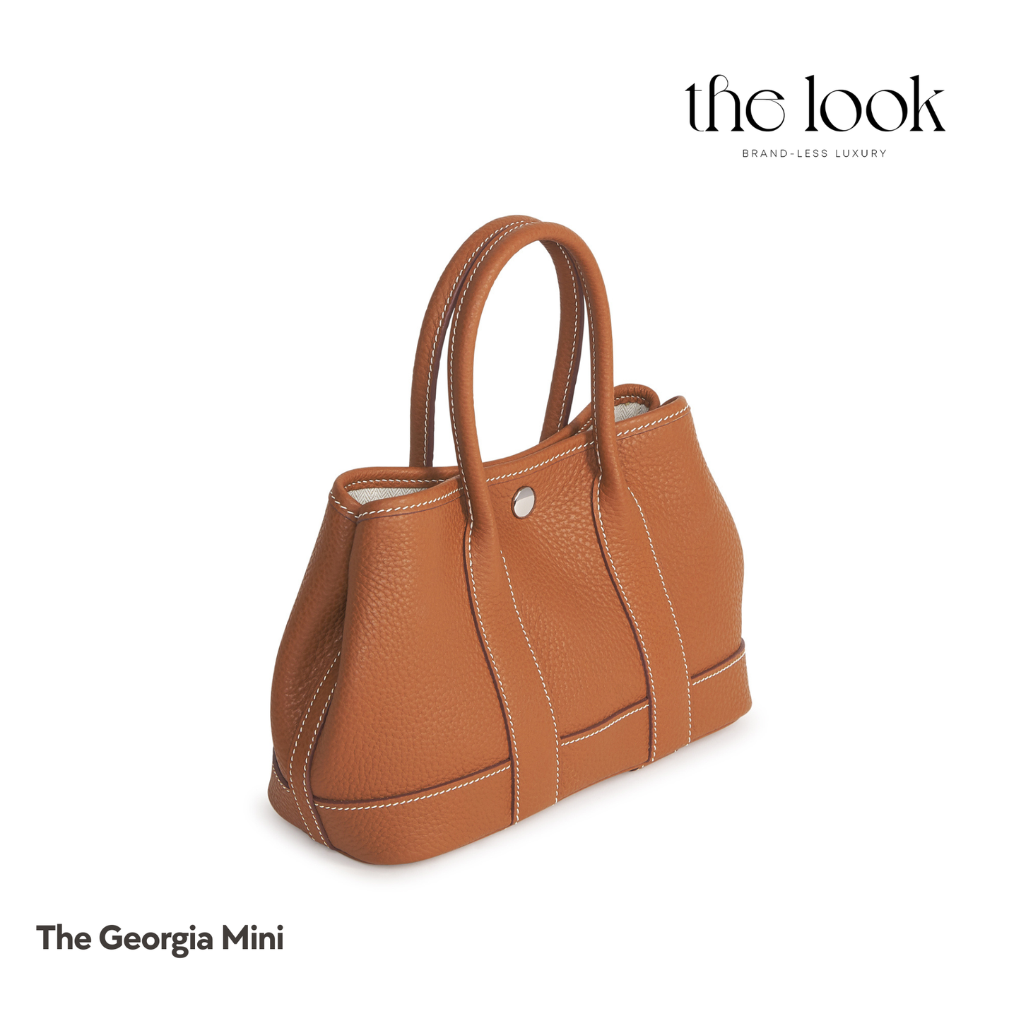 Brown handbag labeled 'The Georgia Mini' on a white background with 'the look' branding. | The Look Officiel