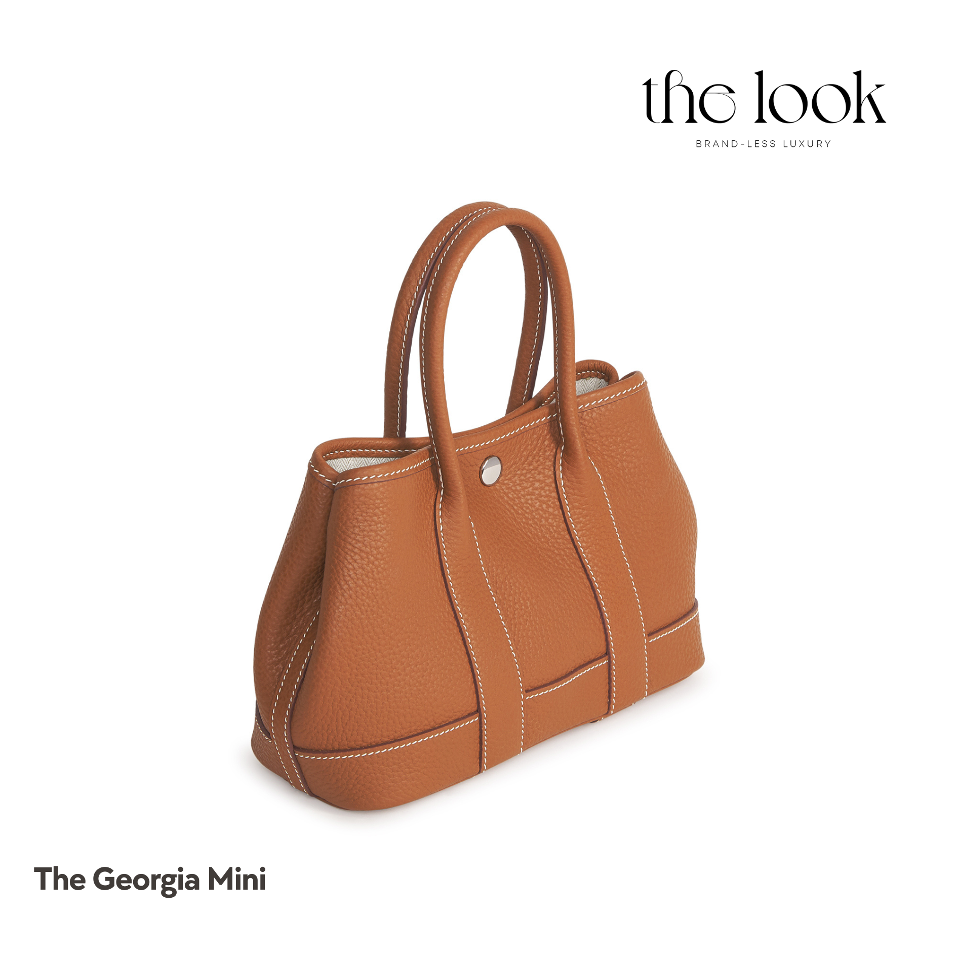 Brown handbag labeled 'The Georgia Mini' on a white background with 'the look' branding. | The Look Officiel
