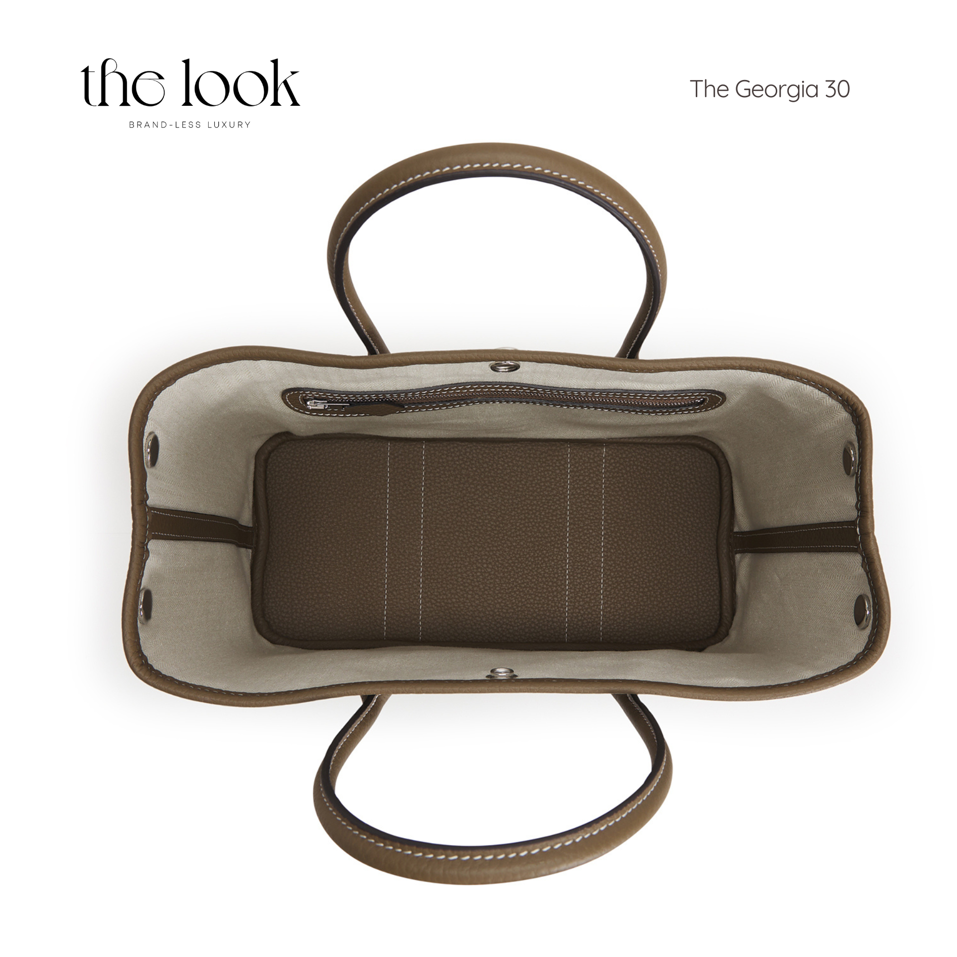 Brown handbag with visible interior on a white background, featuring 'the look' branding. | The Look Officiel