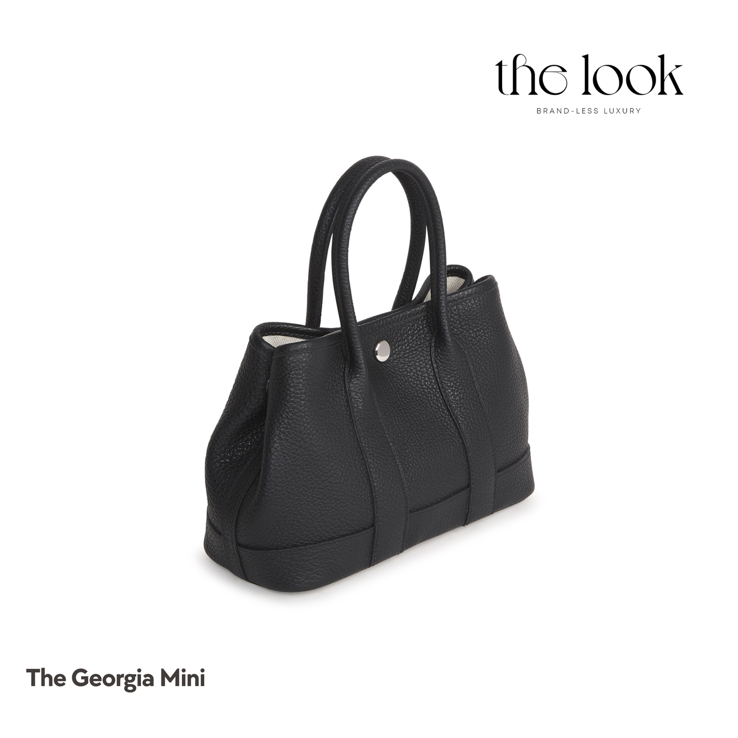 Black handbag labeled 'The Georgia Mini' on a white background with 'the look' branding. | The Look Officiel