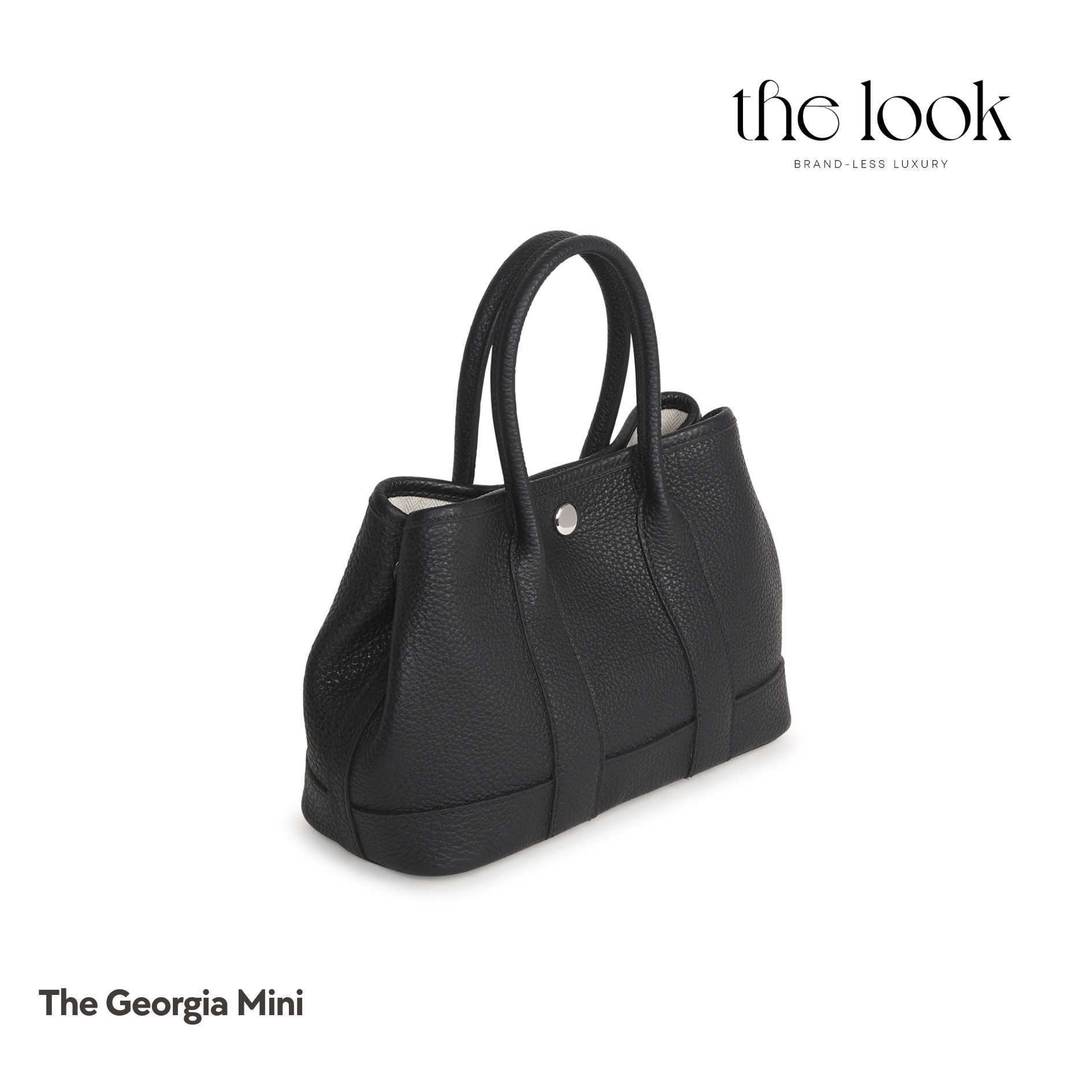 Black handbag labeled 'The Georgia Mini' on a white background with 'the look' branding. | The Look Officiel