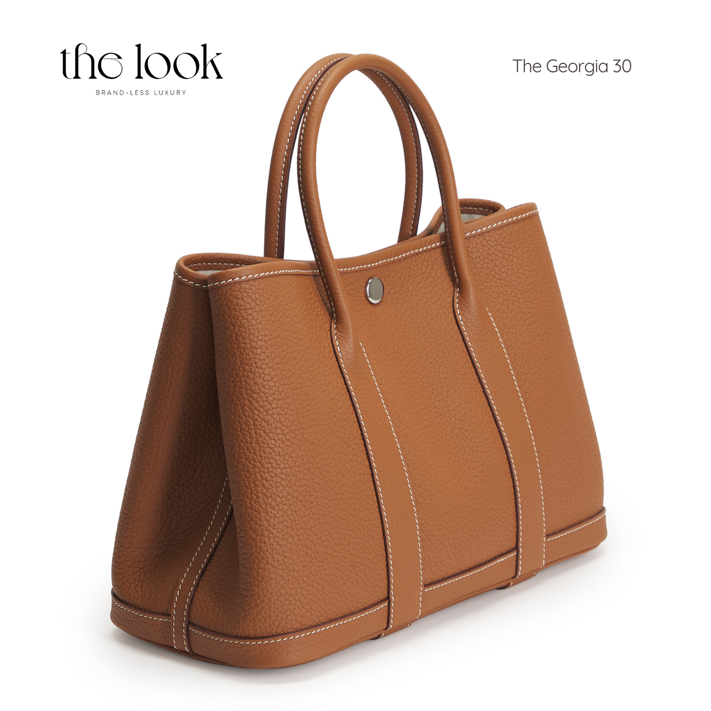Brown leather handbag on a white background with 'the look' branding. | The Look Officiel