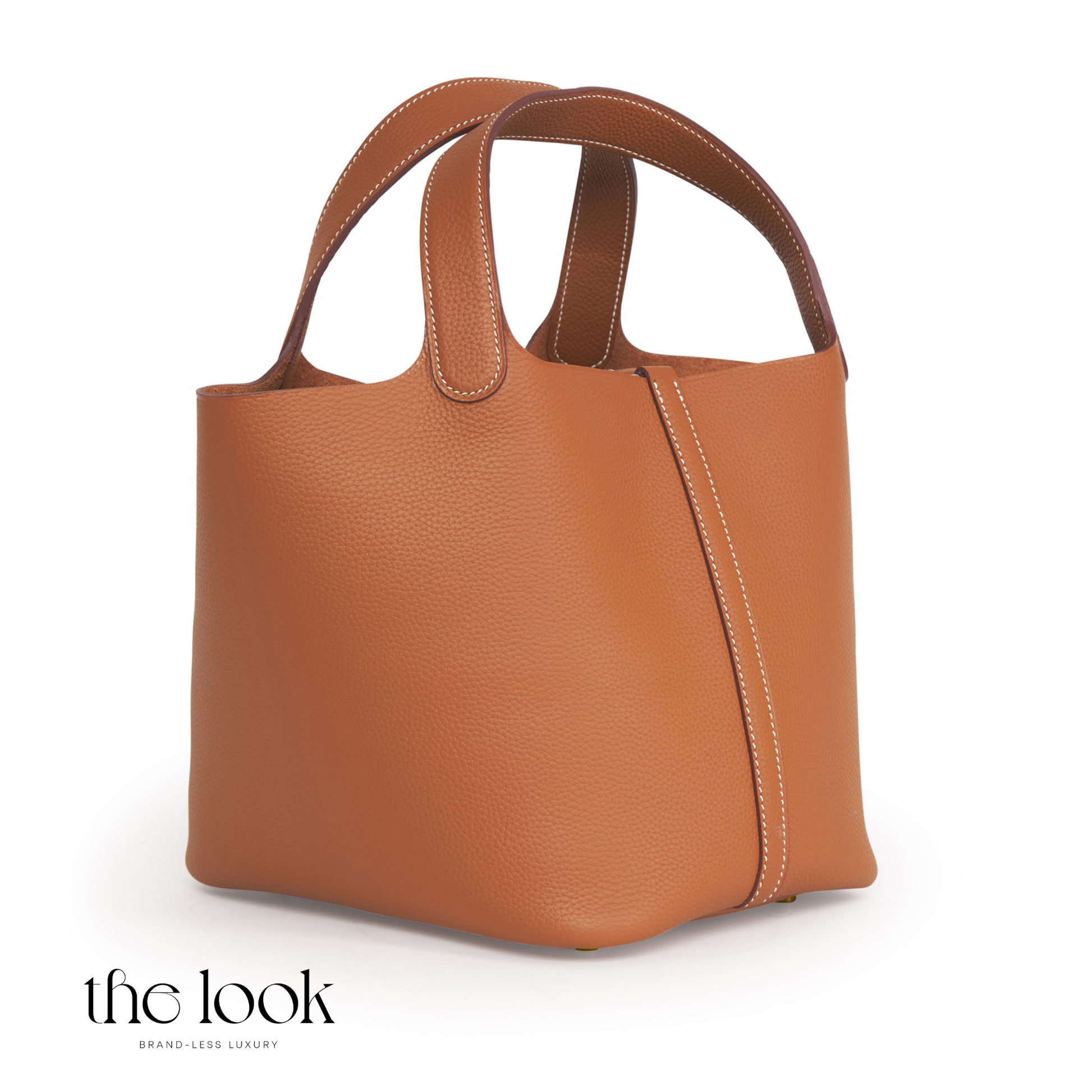 Brown leather handbag on a white background with 'the look' branding. | The Look Officiel