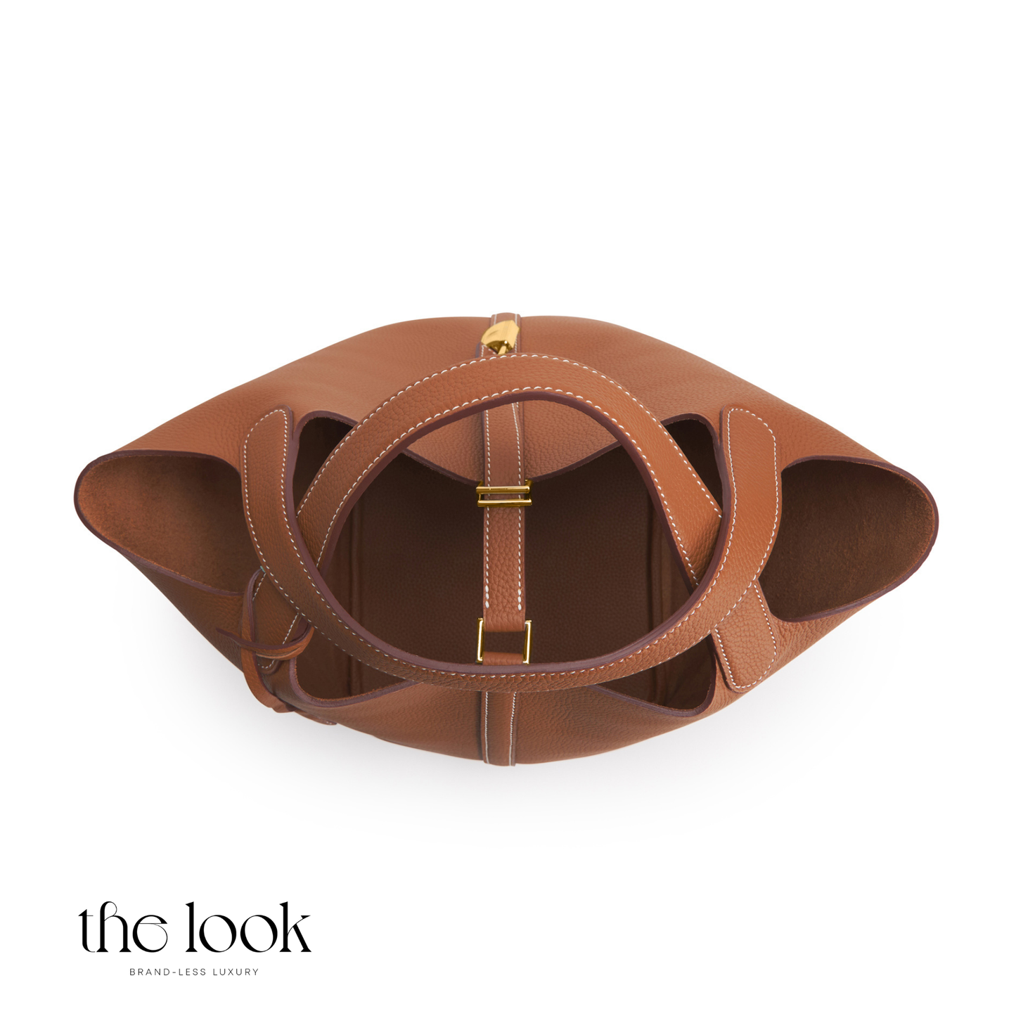 Brown leather handbag with gold accents on a white background, branded 'the look'. | The Look Officiel