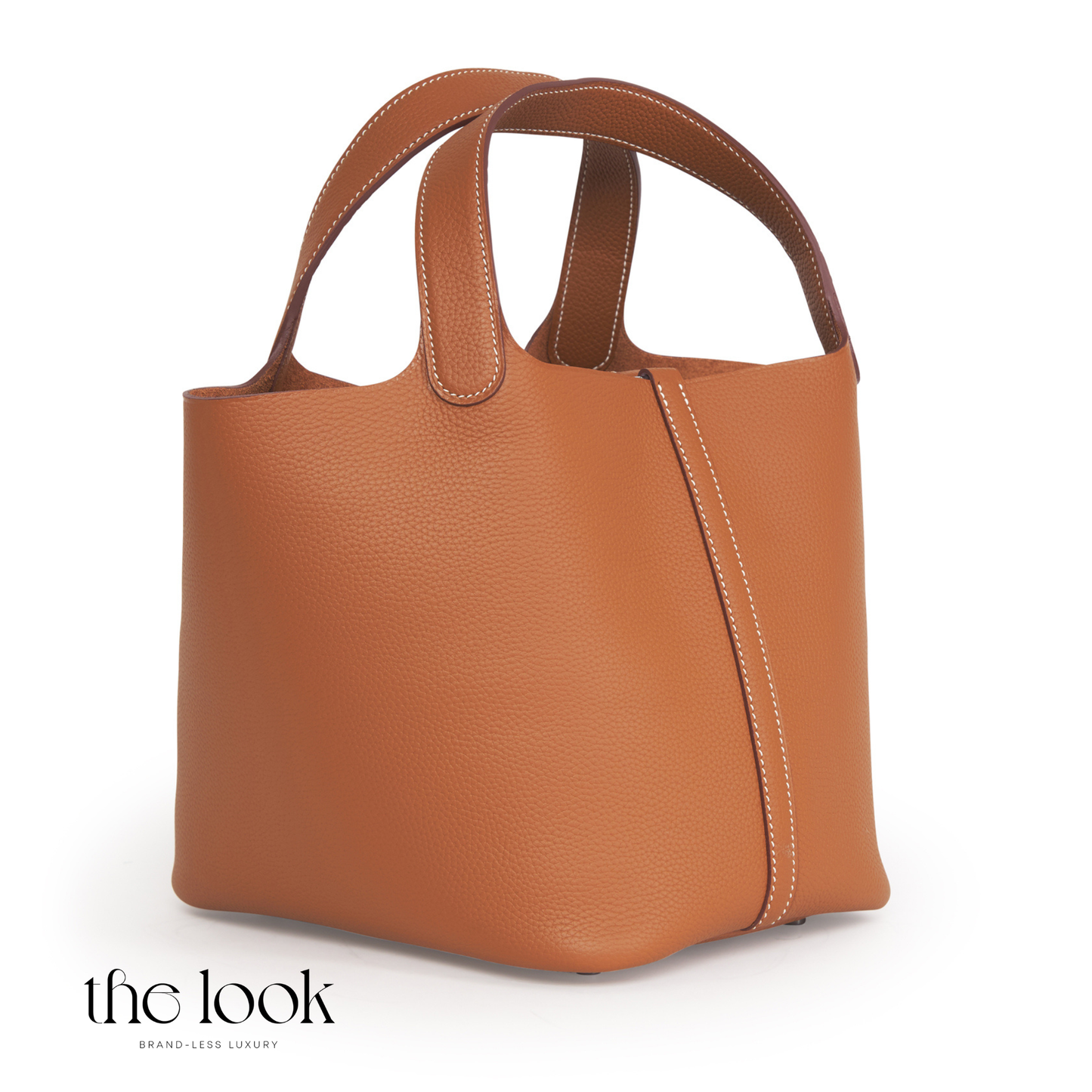 Brown leather handbag on a white background with 'the look' branding. | The Look Officiel