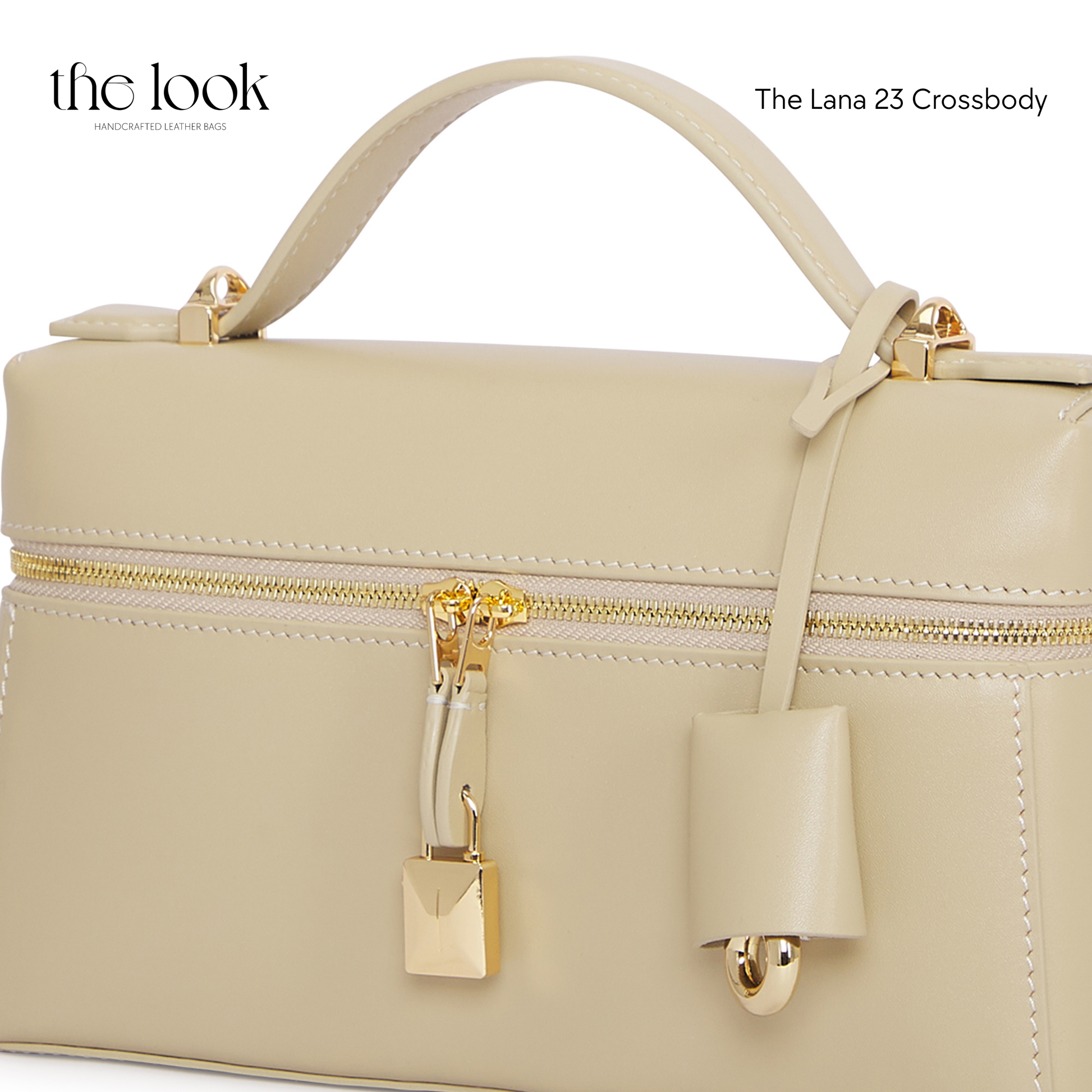 Beige crossbody bag with gold accents on a white background | The Look Officiel