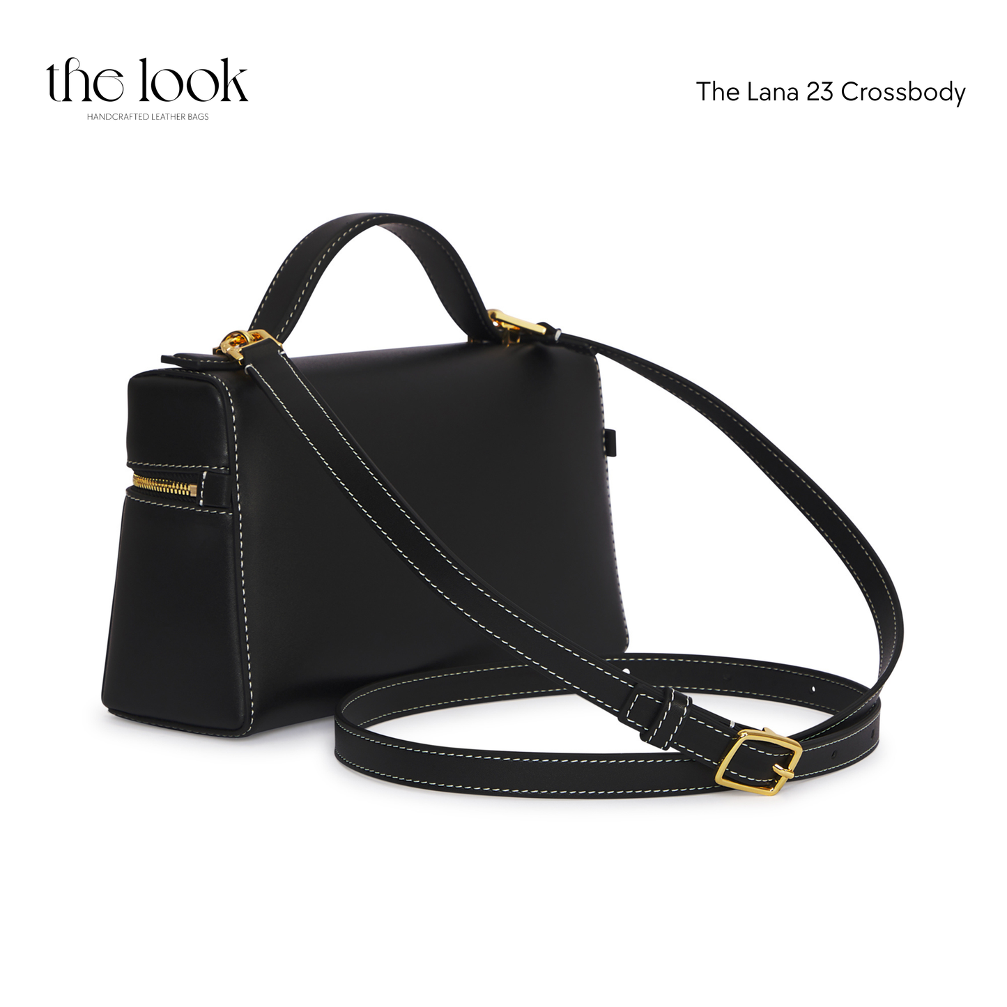 Black crossbody bag with gold accents on a white background, featuring 'the look' brand. | The Look Officiel