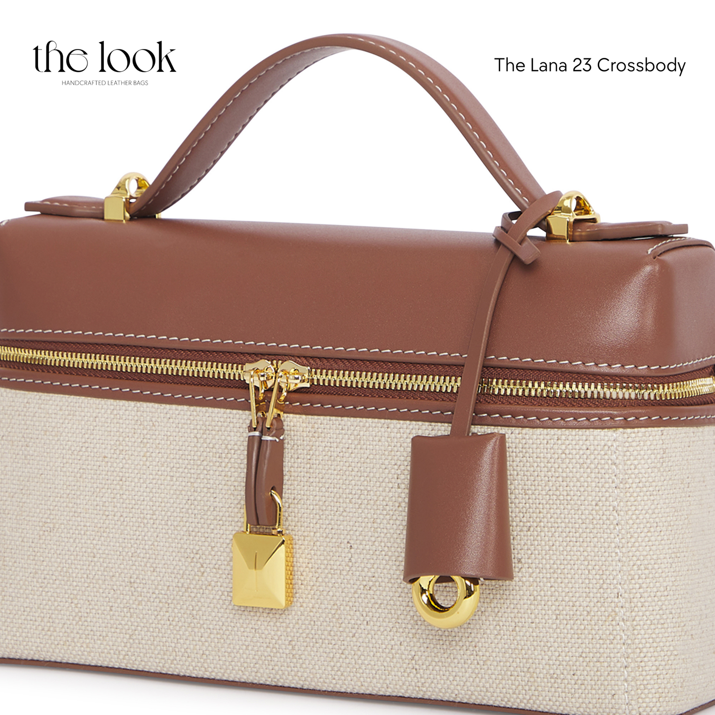 Brown and beige crossbody bag with gold accents on a white background | The Look Officiel
