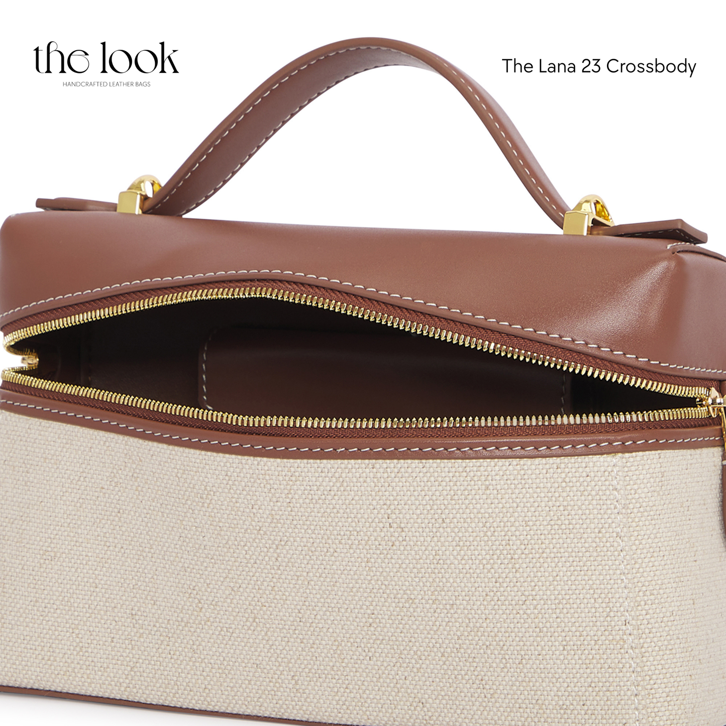 Brown and beige crossbody bag with gold zipper and stitching, branded 'the look'. | The Look Officiel