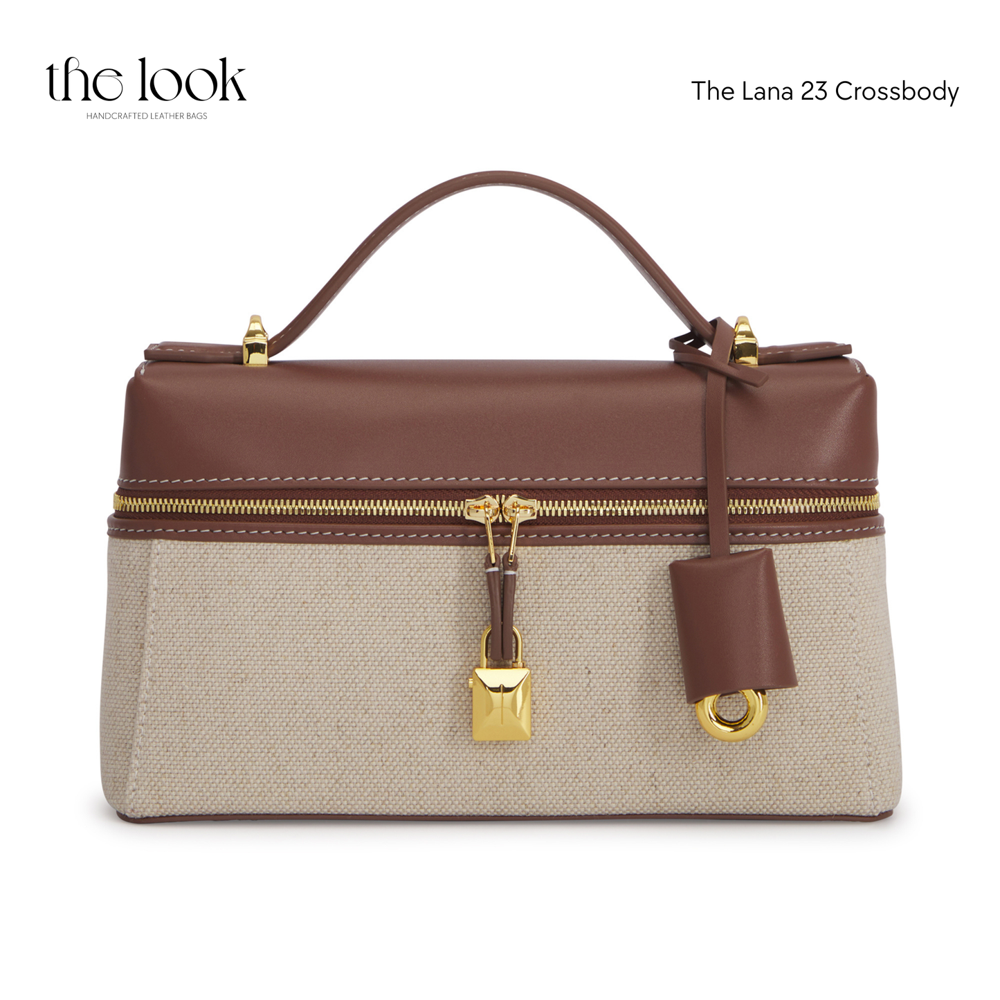 Brown and beige crossbody bag with gold accents on a white background | The Look Officiel