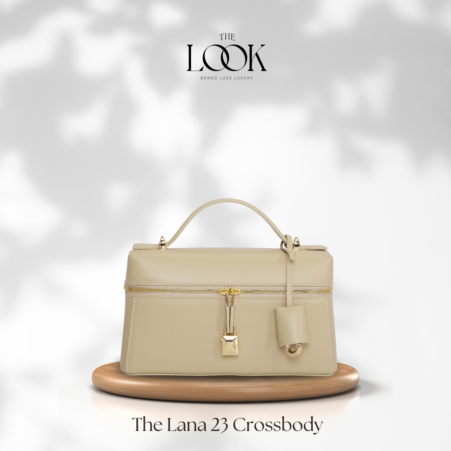 Beige crossbody bag on a white background with 'The Look' branding. | The Look Officiel