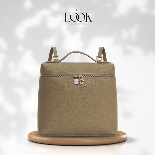 Lana Backpack in Biscuit top-grain pebbled calfskin leather with stainless steel hardware, front view