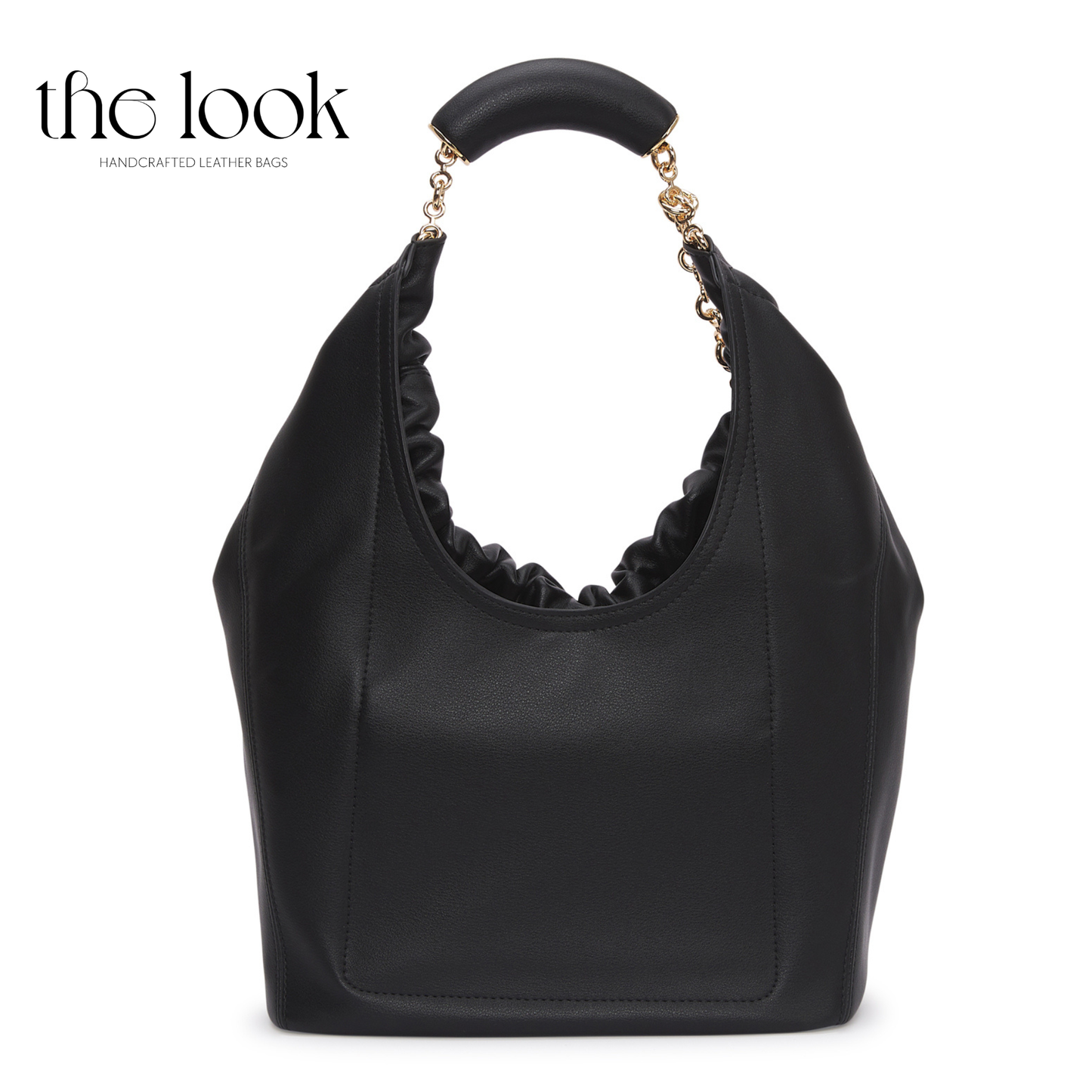 Black leather handbag with ruffled detailing on a white background, branded 'the look'. | The Look Officiel