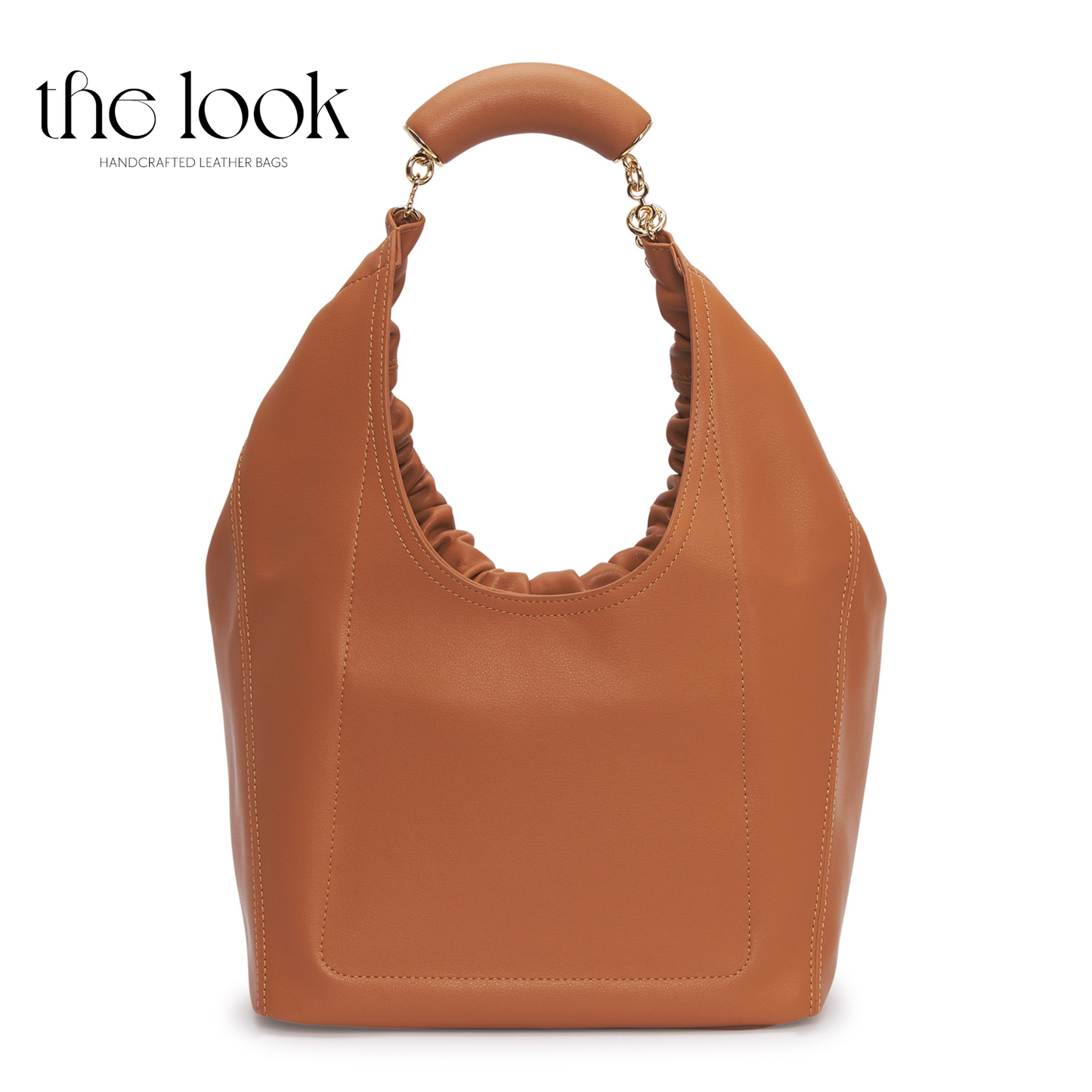 Brown leather handbag with ruffled handle on a white background, branded 'the look'. | The Look Officiel