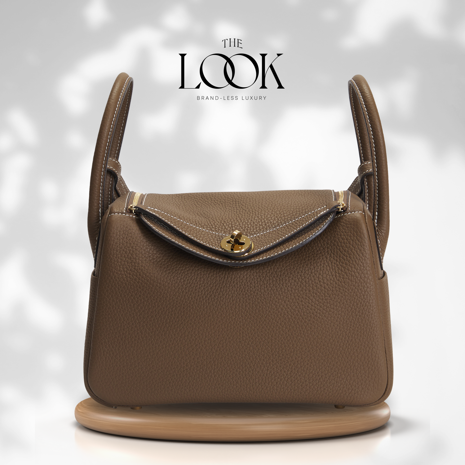 Brown handbag with gold clasp on a light gray background, featuring 'The Look' brand. | The Look Officiel