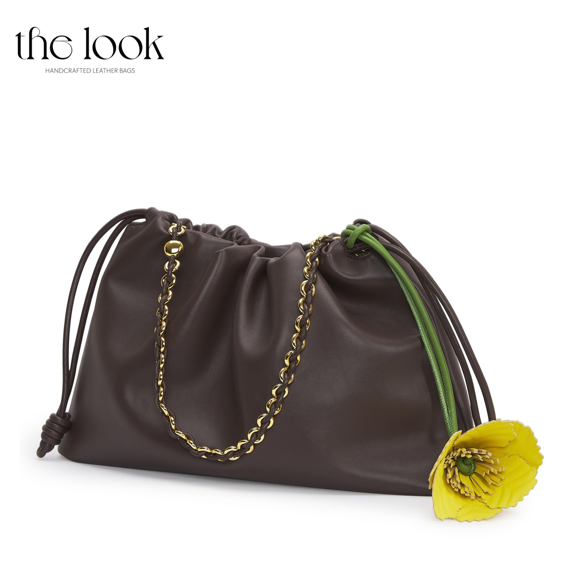 Yellow Bell Leather Bag Charm on Brown Handbag | The Look Officiel