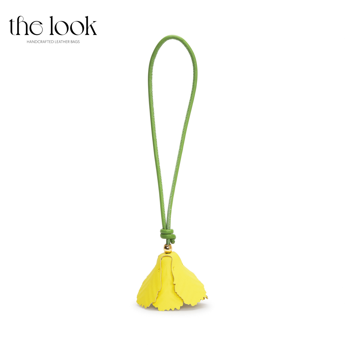 Yellow Bell Leather Bag Charm with Green Cord | The Look Officiel