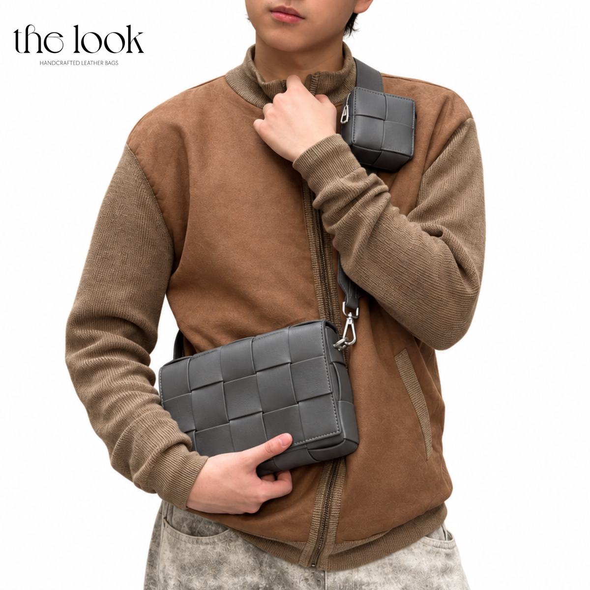 Man wearing gray Loop Grid Extra woven leather crossbody bag across the body with removable pouch | The Look Officiel